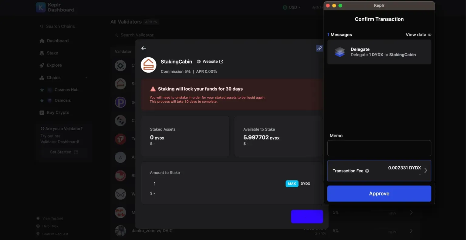 Staking DYDX. Nguồn: Keplr